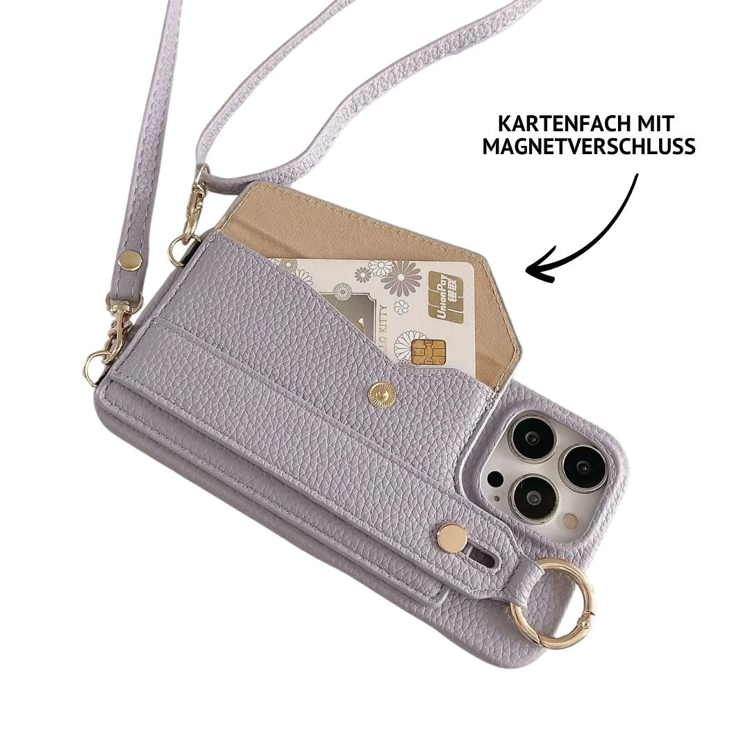 iPhone Umhängehülle in Flieder aus veganem Leder mit Kartenfach, Magnetverschluss, Umhängeband & goldenen Details – elegantes Design