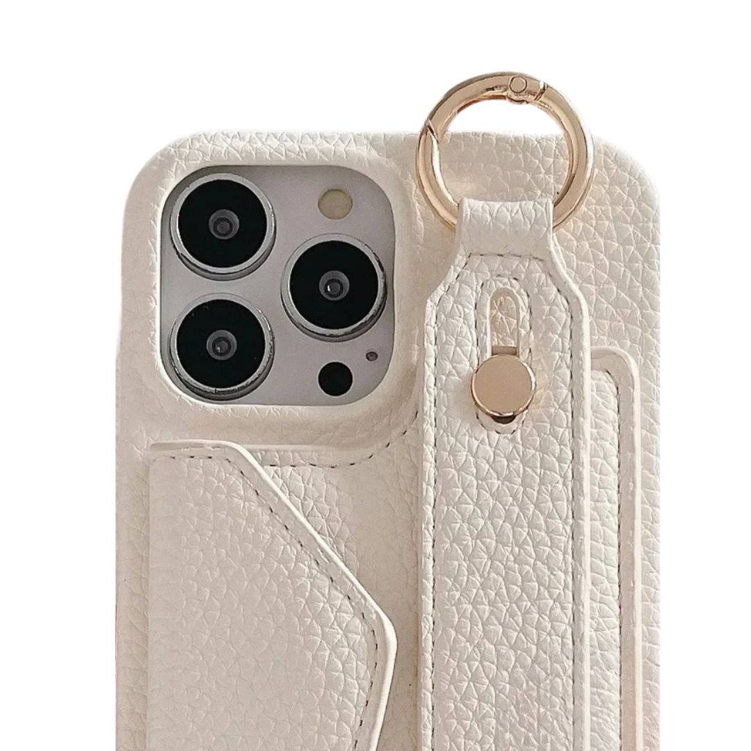 iPhone Umhängehülle Weiß – veganes Leder mit Kartenfach, längenverstellbarem Umhängeband & Handschlaufe – elegantes Design & sicherer Halt