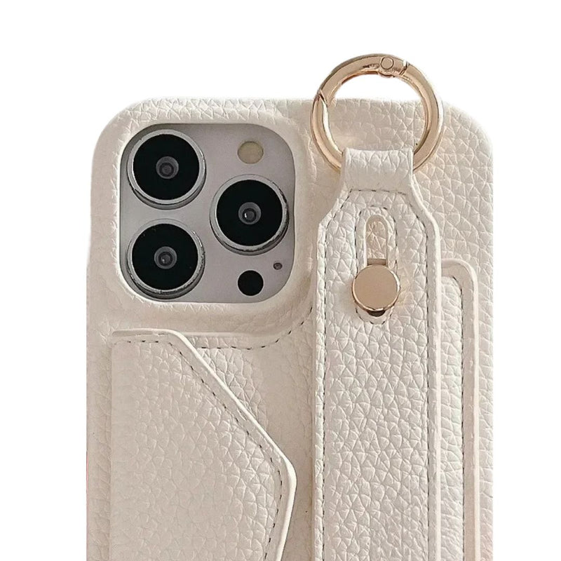 iPhone Umhängehülle Weiß – veganes Leder mit Kartenfach, längenverstellbarem Umhängeband & Handschlaufe – elegantes Design & sicherer Halt