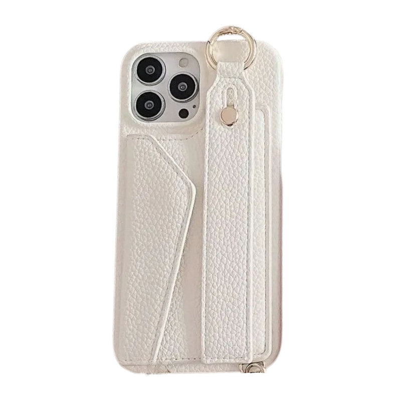 Weiße iPhone Umhängehülle aus veganem Leder mit integriertem Kartenfach, längenverstellbarem Umhängeband & praktischer Handschlaufe – elegantes, funktionales Design