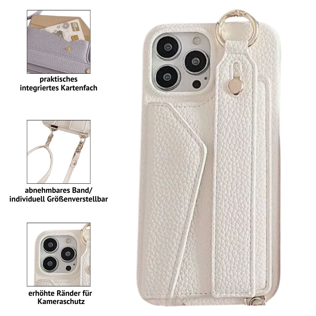 Weiße iPhone Umhängehülle mit integriertem Kartenfach, erhöhtem Kameraschutz, Handschlaufe & abnehmbarem, längenverstellbarem Umhängeband – veganes Leder