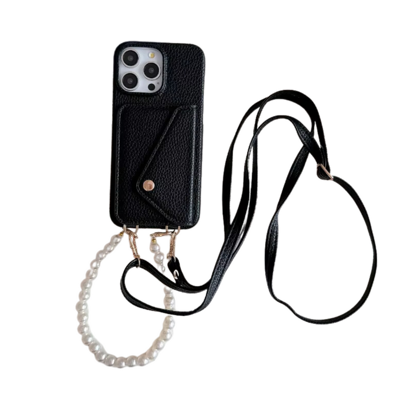 iPhone Umhängehülle Pearl in Schwarz  aus veganem Leder mit Kartenfach, Perlenkette und langem verstellbarem Umhängeband – eleganter & funktionaler Alltagsbegleiter.