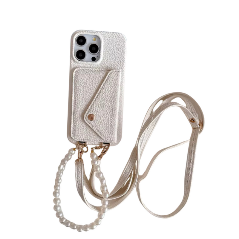iPhone Umhängehülle Pearl in Weiß  aus veganem Leder mit Kartenfach, Perlenkette und langem verstellbarem Umhängeband – eleganter & funktionaler Alltagsbegleiter.